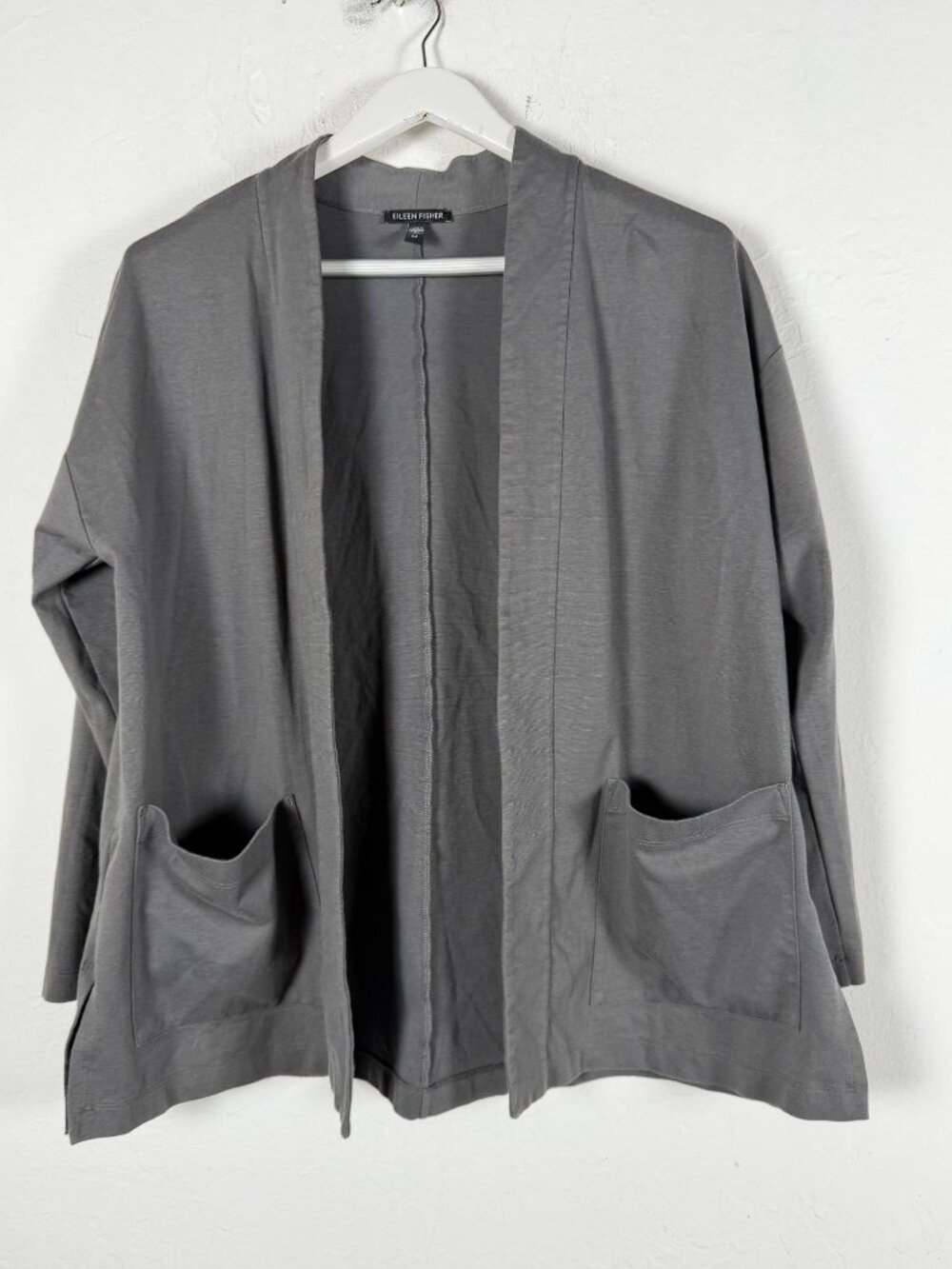 Eileen Fisher Women Small Gray Open Front Jacket Cardigan Pockets Organic Cotton